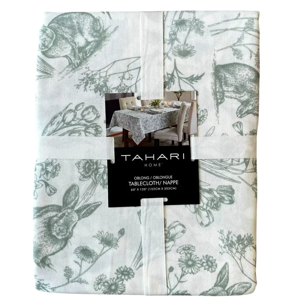 Tahari Floral Bunny Tablecloth 60x120 Sage Green & White Easter Decor NEW